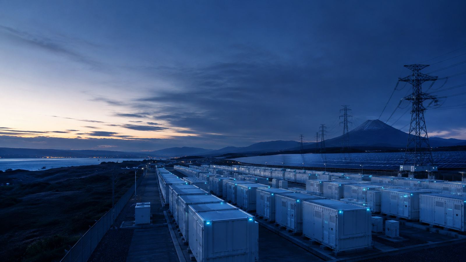 夕暮れの系統用蓄電所。コンテナ型蓄電池が並び、背後に送電鉄塔と山並みが見える。