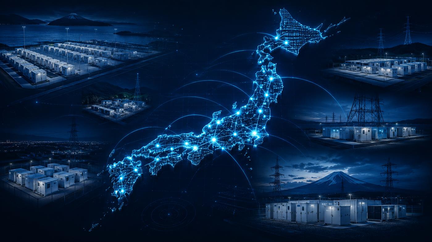 日本全国に広がる蓄電所ネットワークのイメージ。