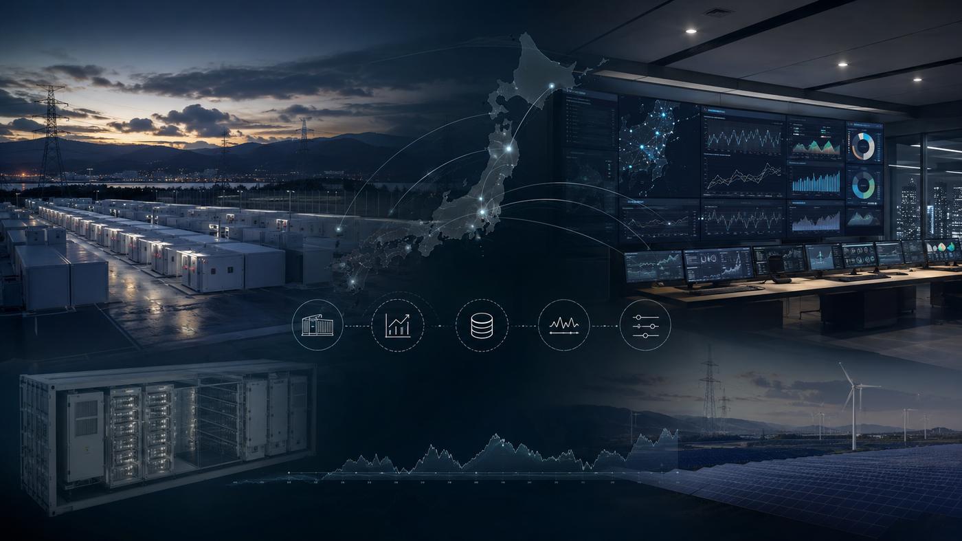 蓄電所の運用管理センター。全国の拠点データと市場価格のモニターが並ぶ。